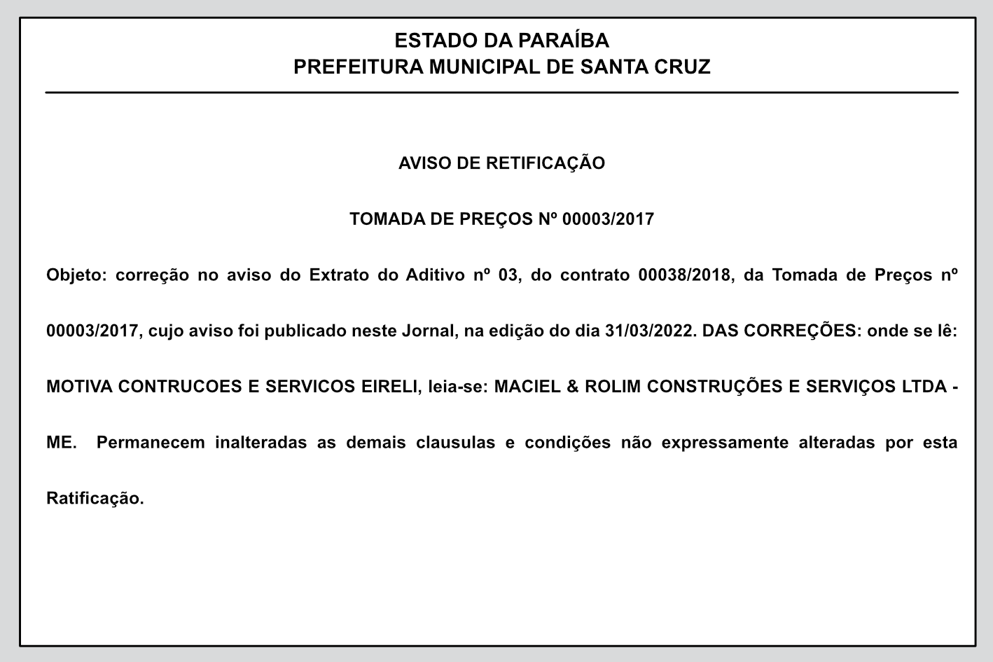PREFEITURA MUNICIPAL DE SANTA CRUZ – AVISO DE RETIFICAÇÃO – TOMADA DE PREÇOS Nº 00003/2017