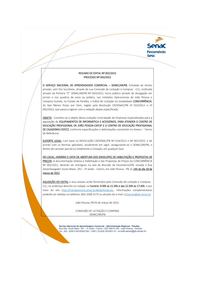 SENAC – RESUMO DE EDITAL Nº 002/2022 – PROCESSO Nº 043/2022