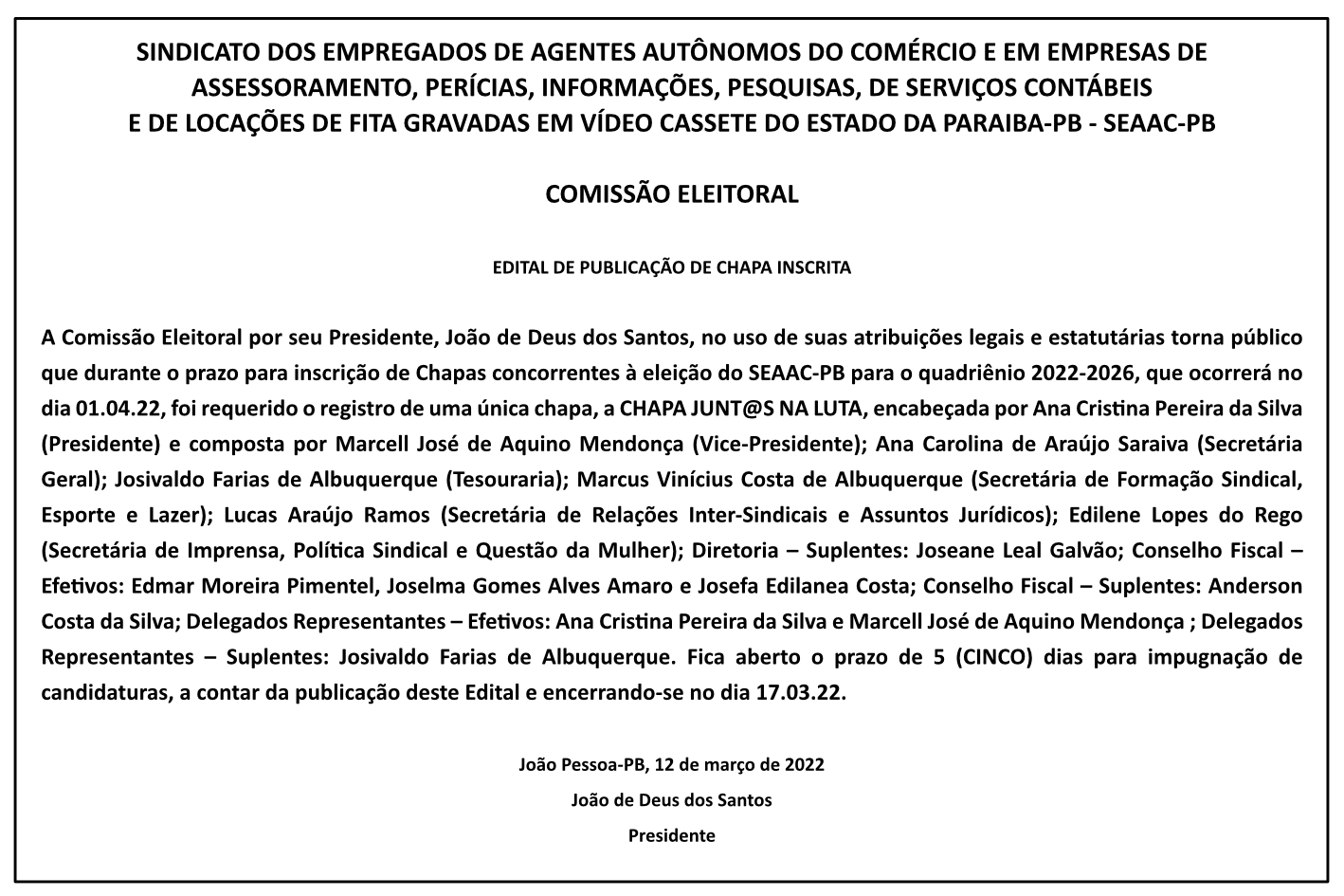 SEAAC-PB – EDITAL DE PUBLICAÇÃO DE CHAPA INSCRITA