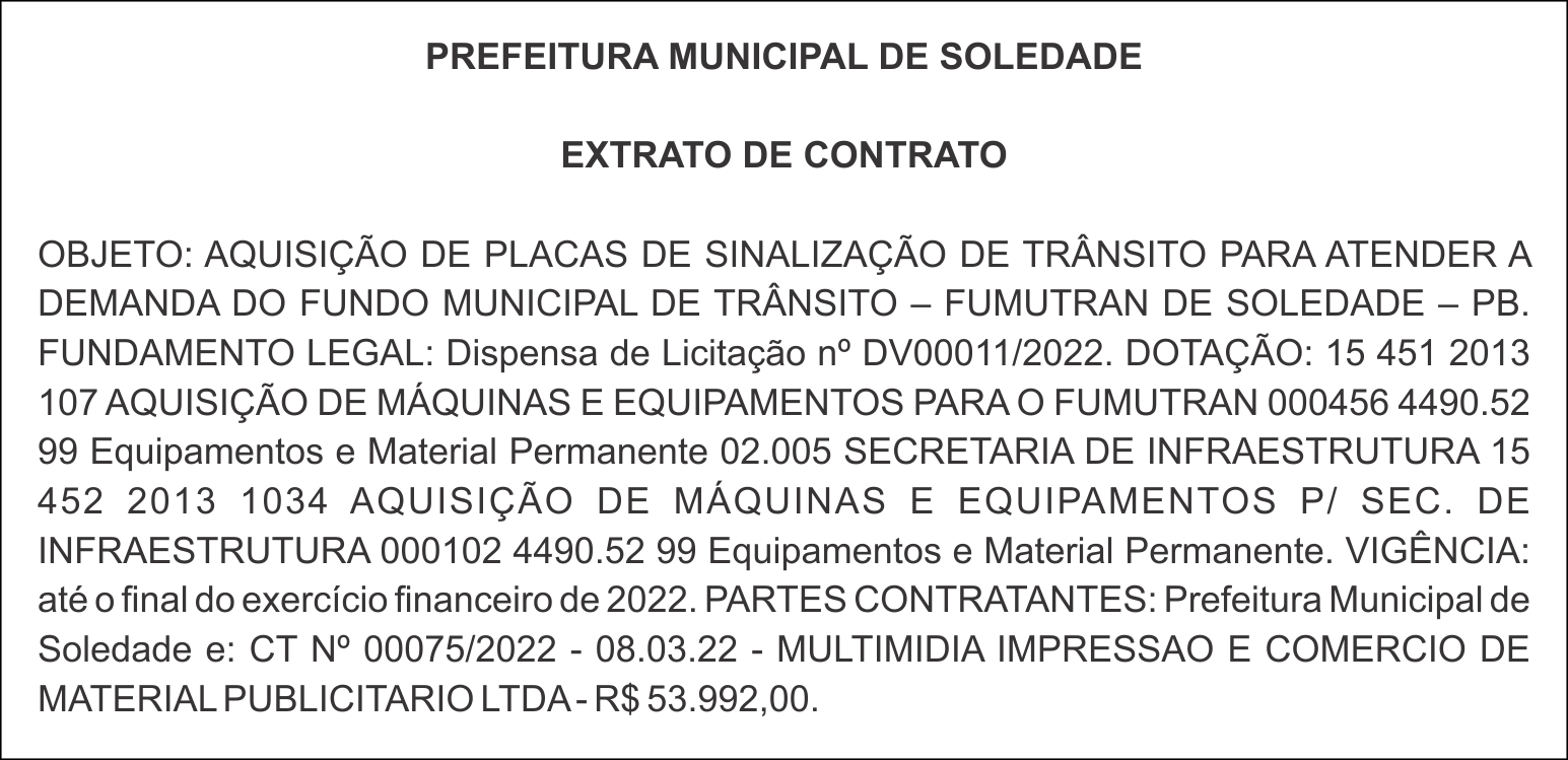 PREFEITURA MUNICIPAL DE SOLEDADE – EXTRATO DE CONTRATO