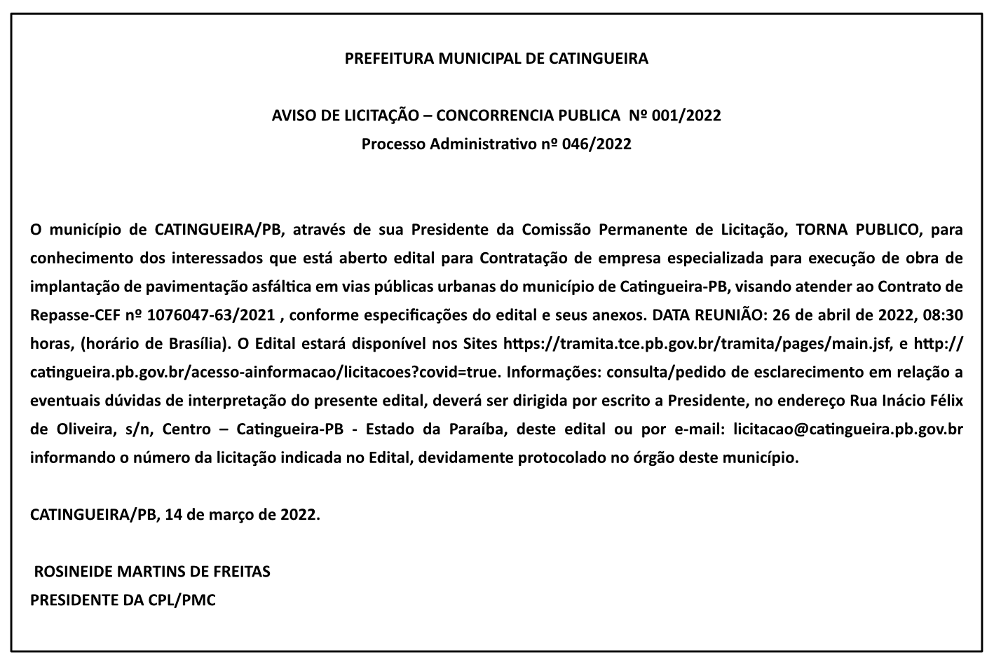 Prefeitura Municipal De Catingueira Aviso De LicitaÇÃo Concorrencia Publica Nº 0012022 9306