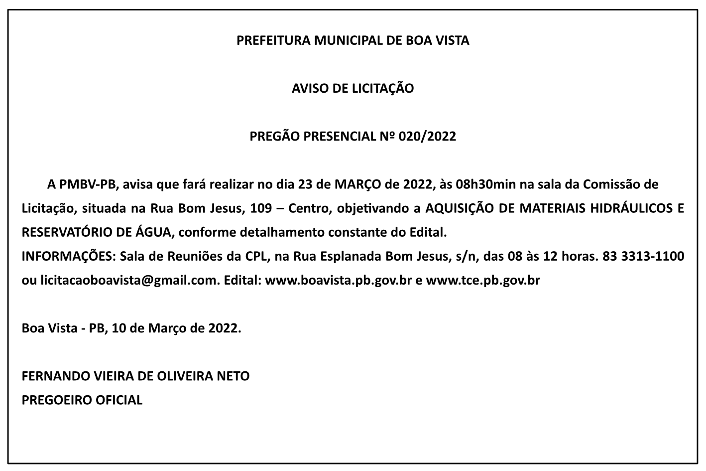 PREFEITURA MUNICIPAL DE BOA VISTA – AVISO DE LICITAÇÃO – PREGÃO PRESENCIAL Nº 020/2022
