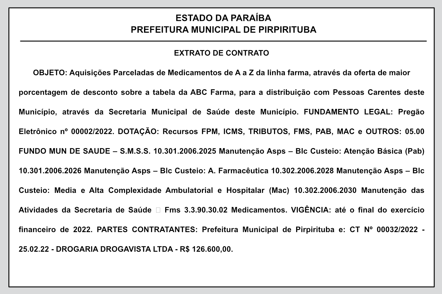 PREFEITURA MUNICIPAL DE PIRPIRITUBA  – EXTRATO DE CONTRATO