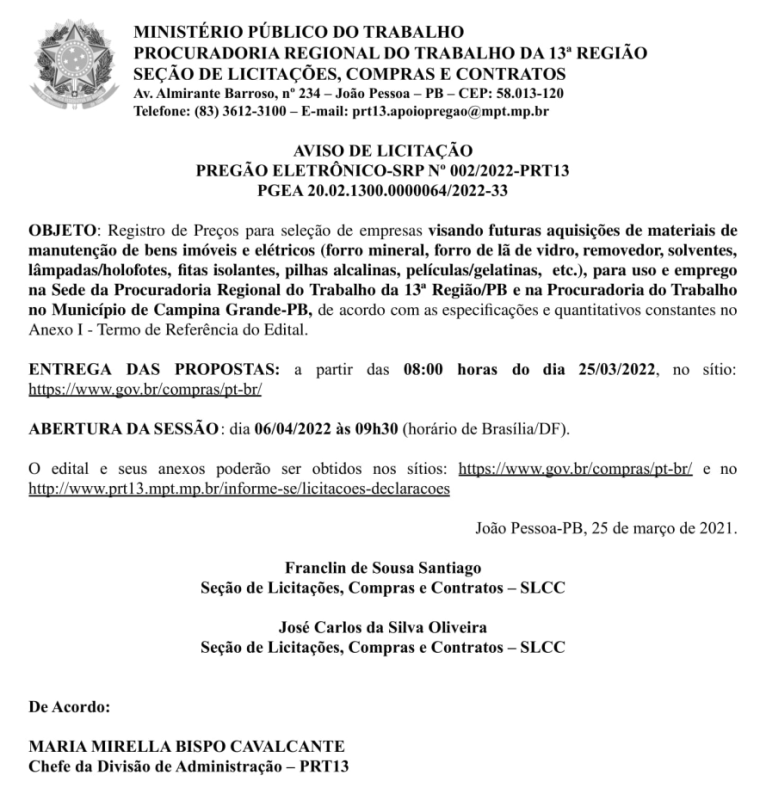MPT – AVISO DE LICITAÇÃO – PREGÃO ELETRÔNICO-SRP Nº 002/2022-PRT13 – PGEA 20.02.1300.0000064/2022-33