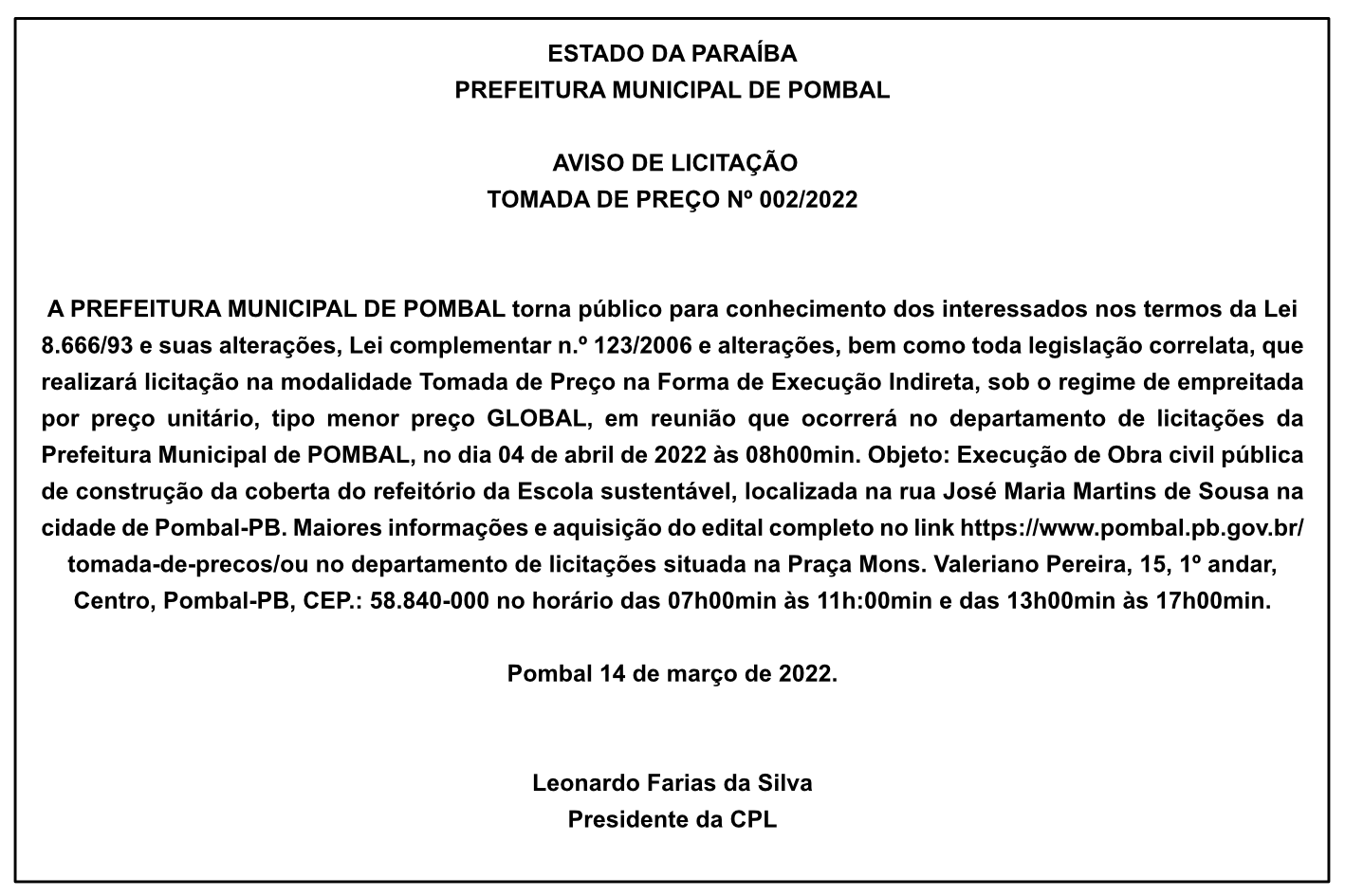 PREFEITURA MUNICIPAL DE POMBAL – AVISO DE LICITAÇÃO – TOMADA DE PREÇO Nº 002/2022
