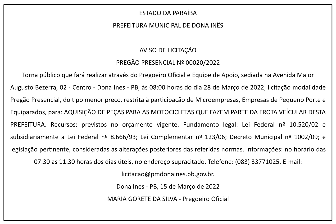 PREFEITURA MUNICIPAL DE DONA INÊS – AVISO DE LICITAÇÃO – PREGÃO PRESENCIAL Nº 00020/2022