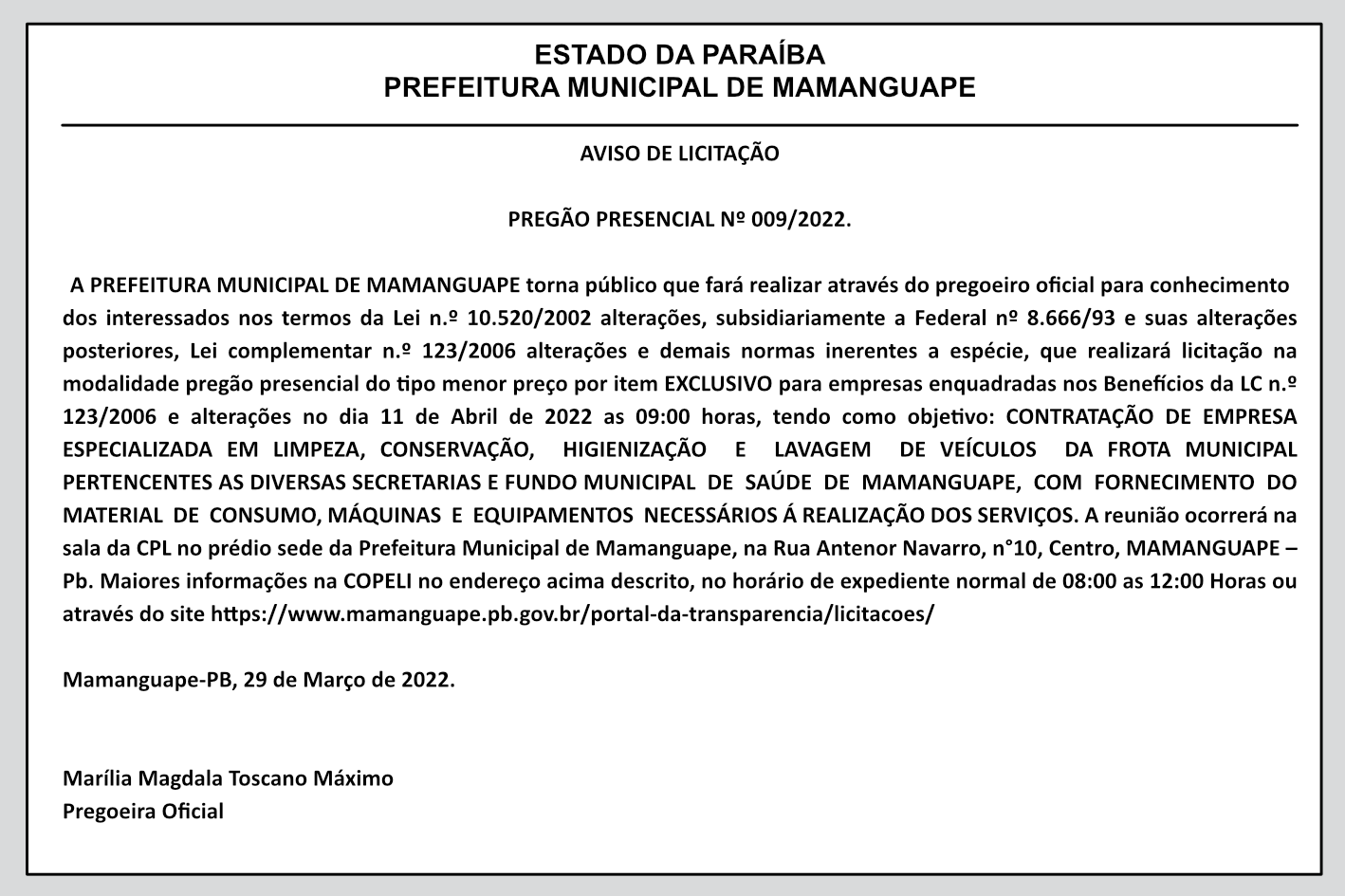 PREFEITURA MUNICIPAL DE MAMANGUAPE – AVISO DE LICITAÇÃO – PREGÃO PRESENCIAL-SRP Nº 009/2022.
