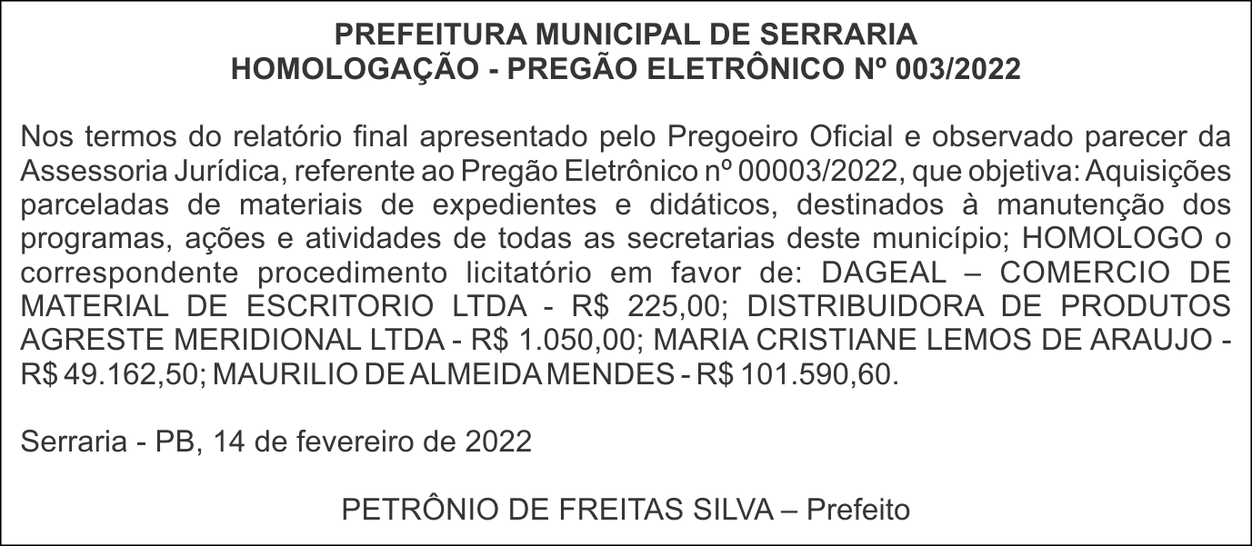 PREFEITURA MUNICIPAL DE SERRARIA – HOMOLOGAÇÃO – PREGÃO ELETRÔNICO Nº 003/2022