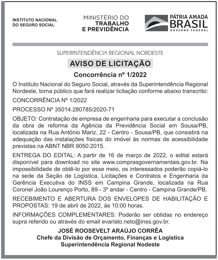 INSS – PE – RECIFE – AVISO DE LICITAÇÃO CONCORRÊNCIA No 1/2022