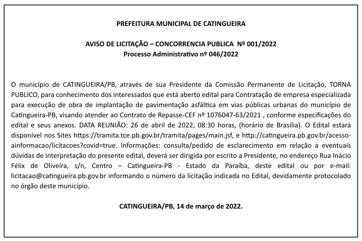 PREFEITURA MUNICIPAL DE CATINGUEIRA – AVISO DE LICITAÇÃO – CONCORRENCIA PUBLICA Nº 001/2022  – Processo Administrativo nº 046/2022