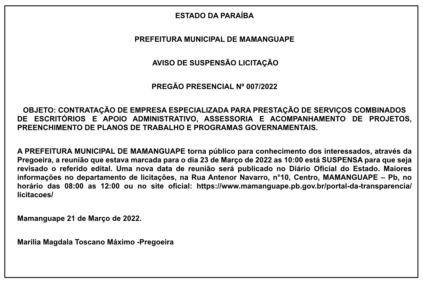 PREFEITURA MUNICIPAL DE MAMANGUAPE – AVISO DE SUSPENSÃO LICITAÇÃO – PREGÃO PRESENCIAL Nº 007/2022