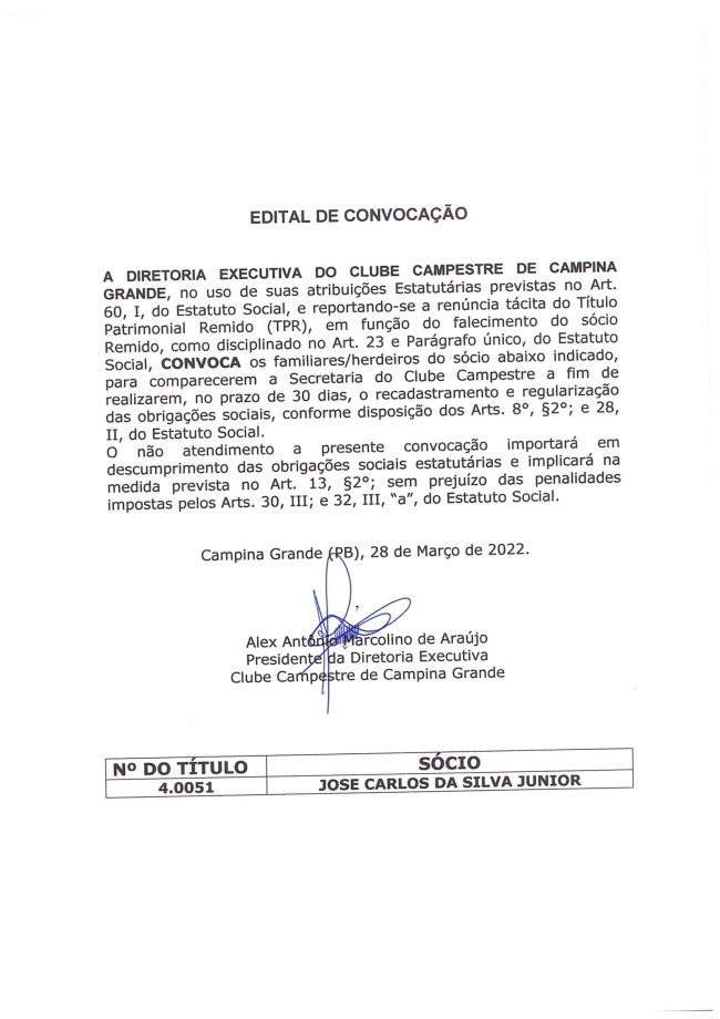 CLUBE CAMPESTRE/CG – EDITAL DE CONVOCAÇÃO