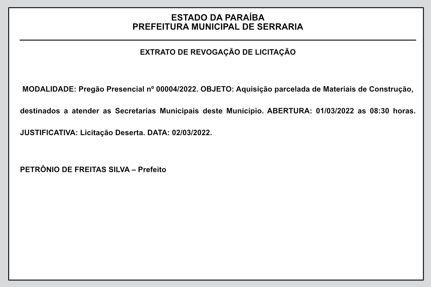 PREFEITURA MUNICIPAL DE SERRARIA – EXTRATO DE REVOGAÇÃO DE LICITAÇÃO