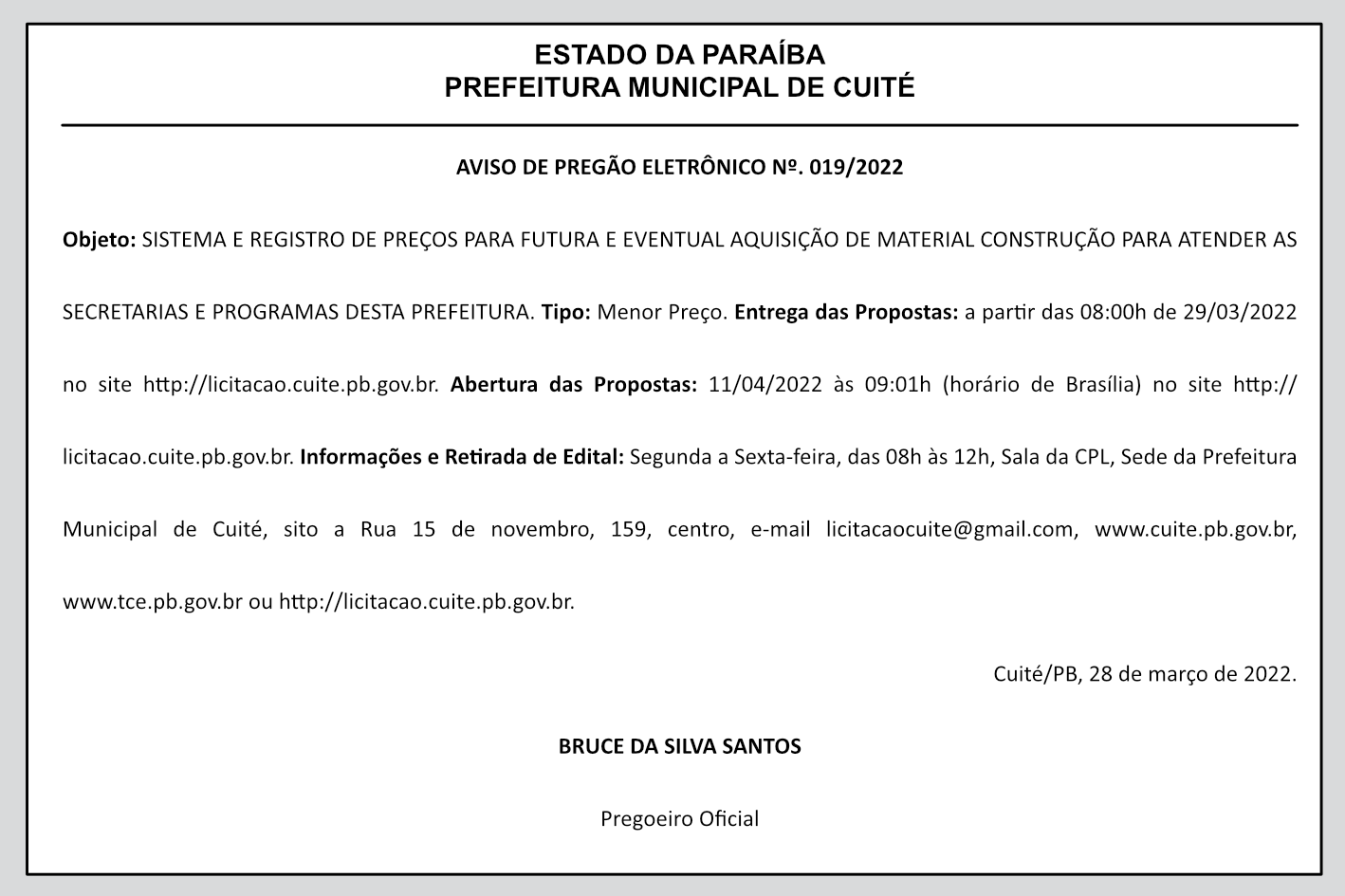 PREFEITURA MUNICIPAL DE CUITÉ – AVISO DE PREGÃO ELETRÔNICO Nº 019/2022