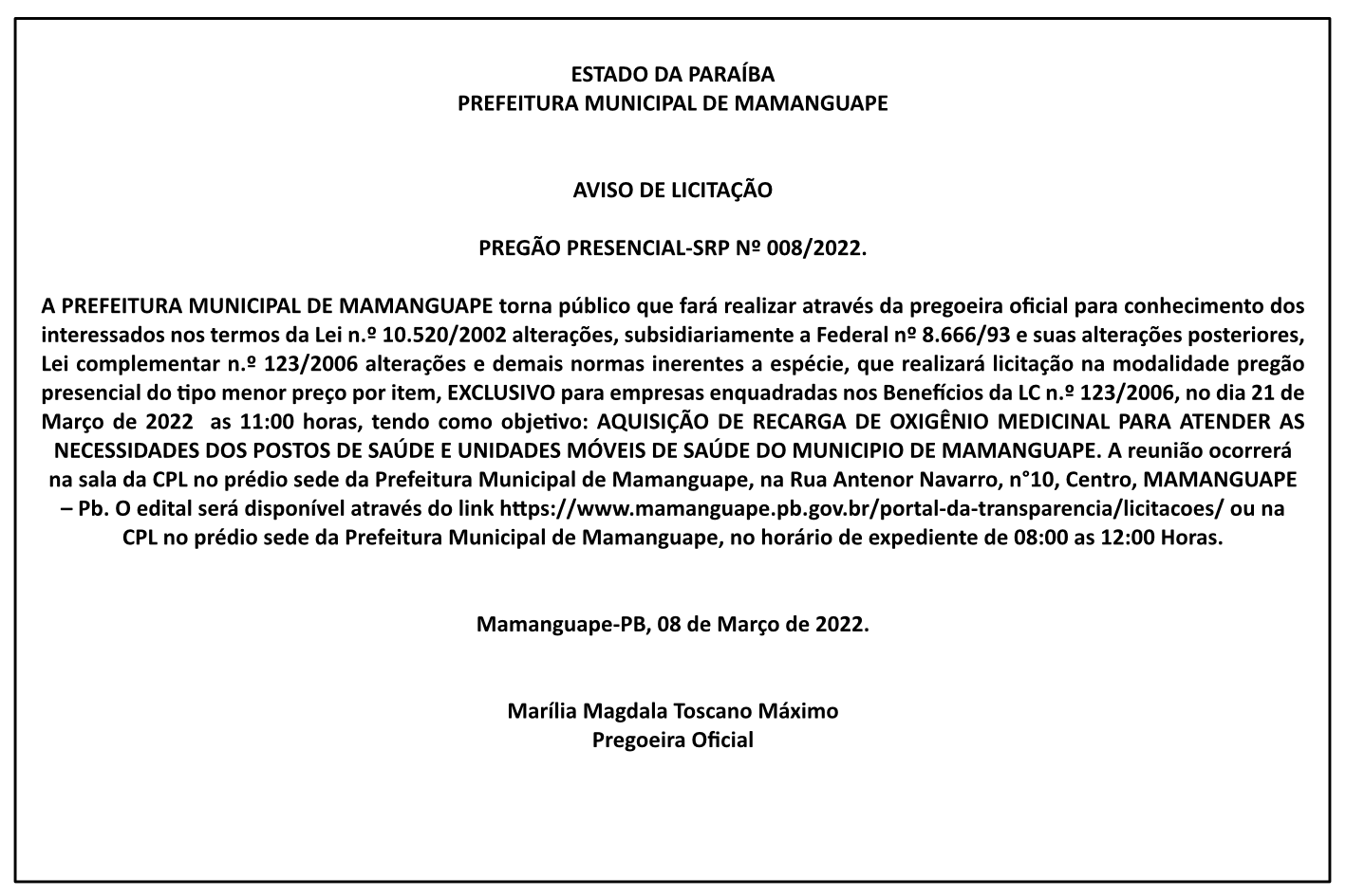 PREFEITURA MUNICIPAL DE MAMANGUAPE – AVISO DE LICITAÇÃO – PREGÃO PRESENCIAL-SRP Nº 008/2022