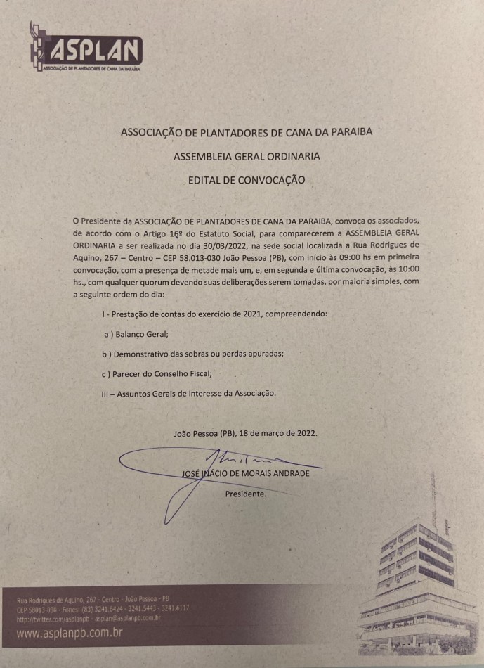 ASPLAN – EDITAL DE CONVOCAÇÃO DE ASSEMBLEIA GERAL ORDINÁRIA