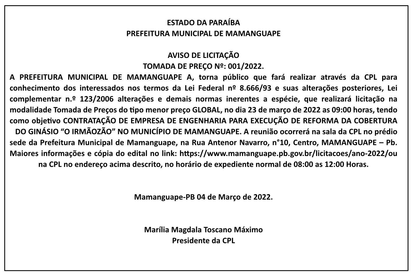 PREFEITURA MUNICIPAL DE MAMANGUAPE – AVISO DE LICITAÇÃO – TOMADA DE PREÇO Nº 001/2022