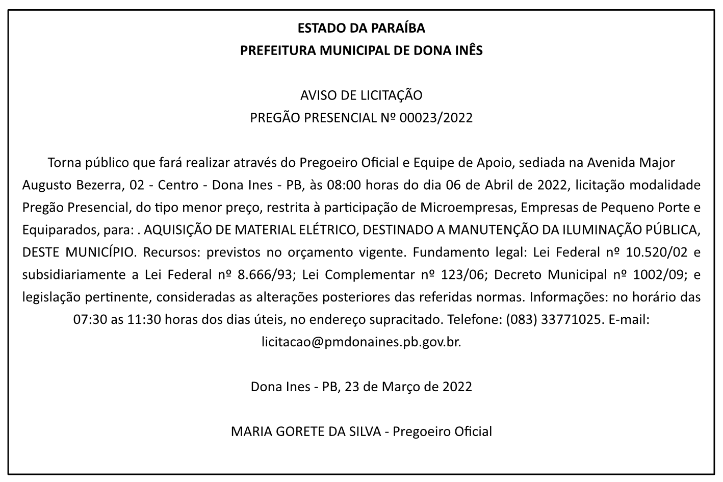 PREFEITURA MUNICIPAL DE DONA INÊS – AVISO DE LICITAÇÃO – PREGÃO PRESENCIAL Nº 00023/2022