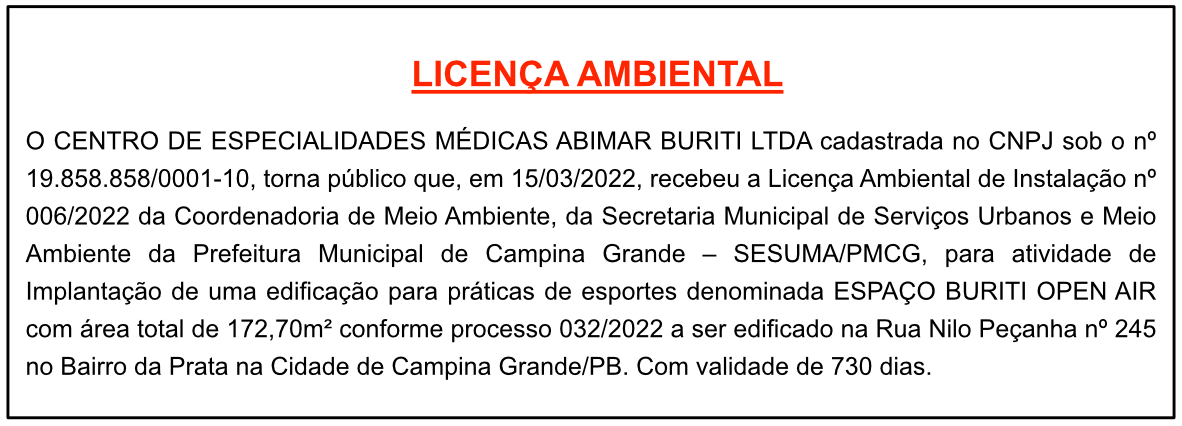 CENTRO DE ESPECIALIDADES MÉDICAS ABIMAR BURITI LTDA – LICENÇA AMBIENTAL