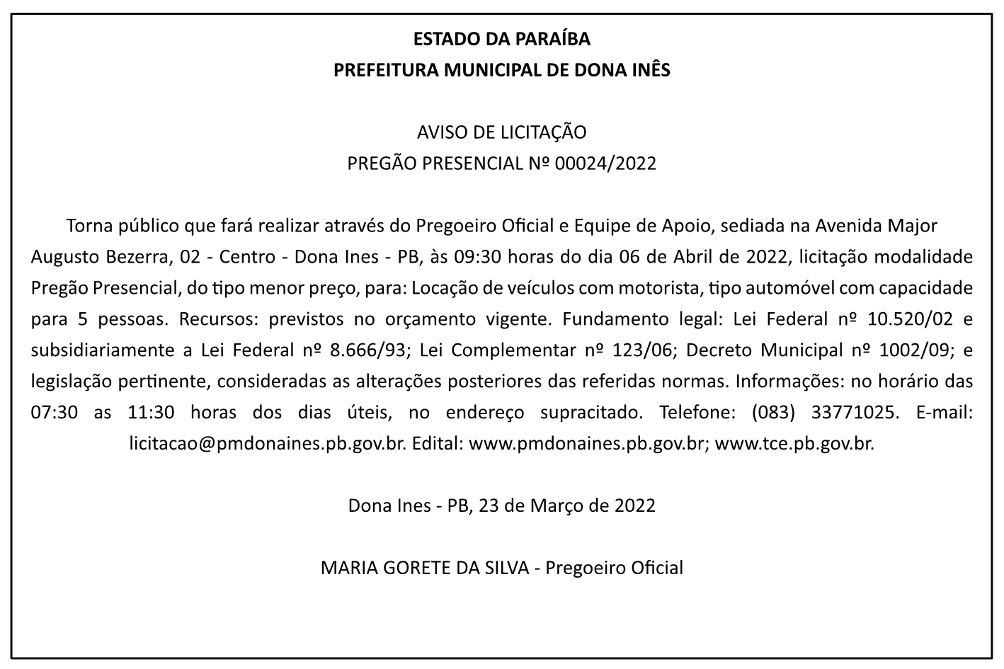 PREFEITURA MUNICIPAL DE DONA INÊS – AVISO DE LICITAÇÃO – PREGÃO PRESENCIAL Nº 00024/2022