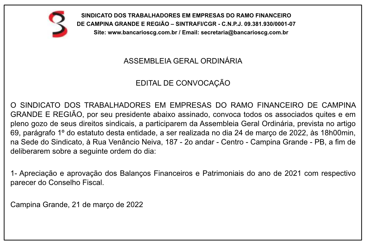 SINTRAFI/CGR – ASSEMBLÉIA GERAL ORDINÁRIA – EDITAL DE CONVOCAÇÃO