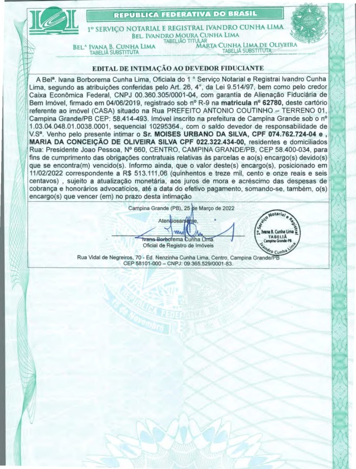 EDITAL DE INTIMAÇÃO AO DEVEDOR FIDUCIANTE