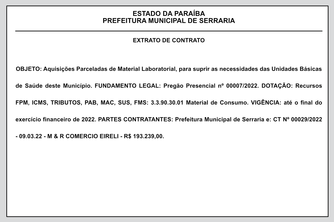 PREFEITURA MUNICIPAL DE SERRARIA – EXTRATO DE CONTRATO