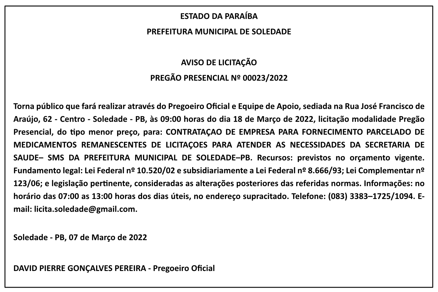 PREFEITURA MUNICIPAL DE SOLEDADE – AVISO DE LICITAÇÃO – PREGÃO PRESENCIAL Nº 00023/2022