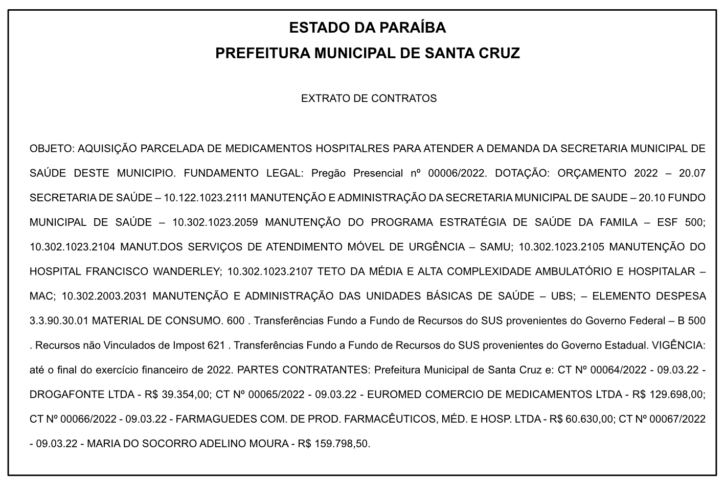 PREFEITURA MUNICIPAL DE SANTA CRUZ – EXTRATO DE CONTRATOS