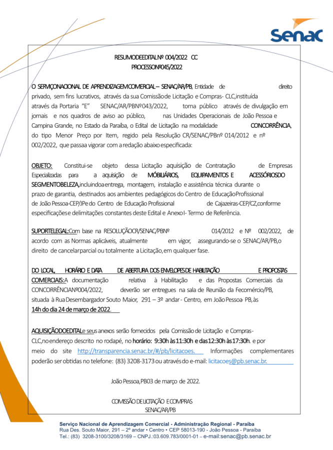 SENAC – RESUMO DE EDITAL Nº 004/2022 CC – PROCESSO Nº 045/2022