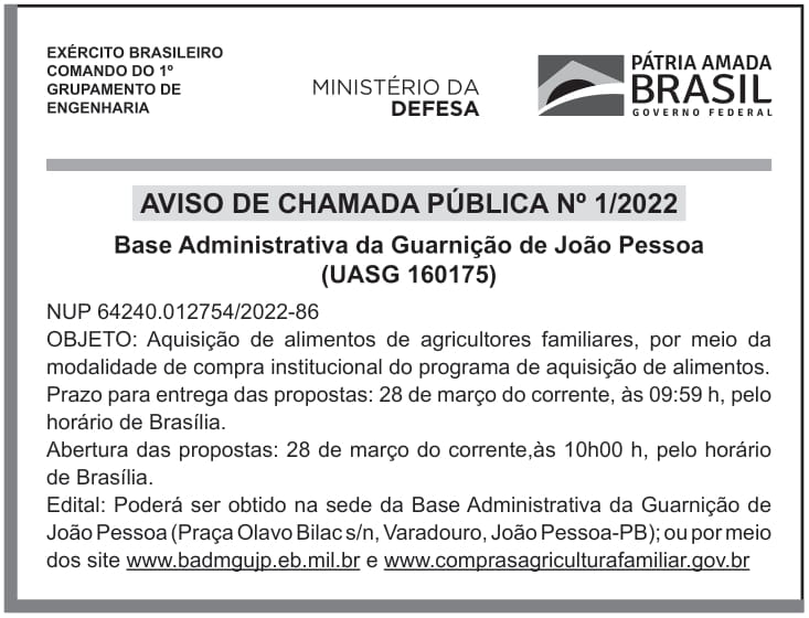 CMDO 1º GPTE – JOÃO PESSOA – PB  – Chamada Pública da Agricultura Familiar nº 1/2022