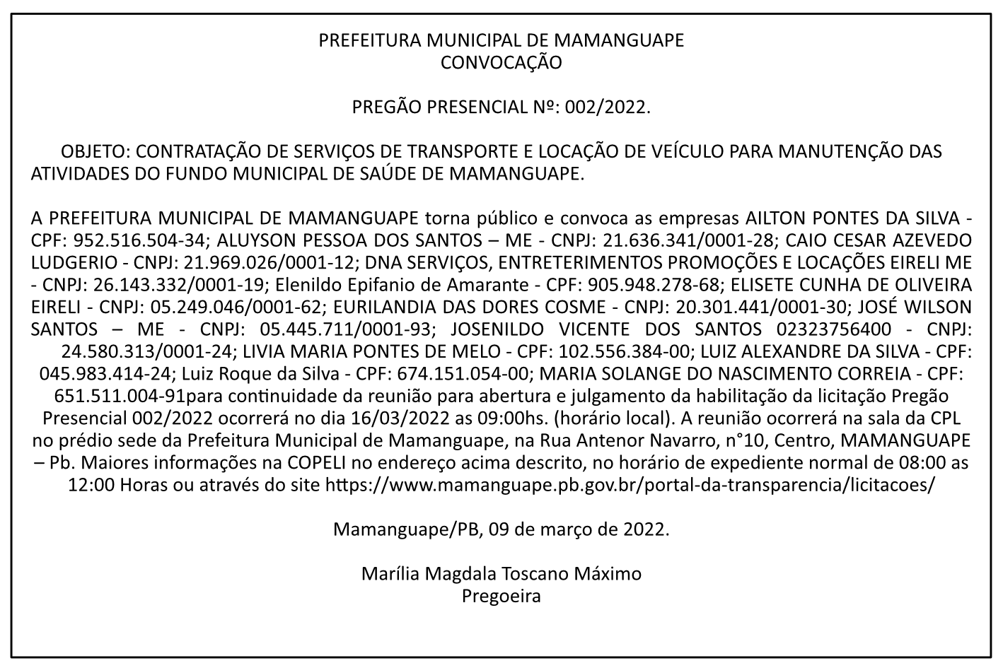 PREFEITURA MUNICIPAL DE MAMANGUAPE – CONVOCAÇÃO PREGÃO PRESENCIAL Nº: 002/2022.