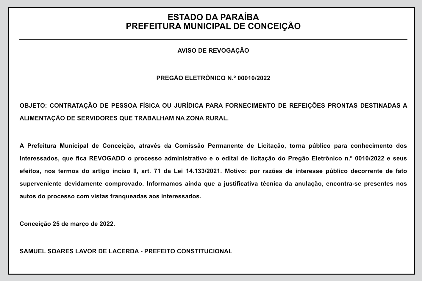 PREFEITURA MUNICIPAL DE CONCEIÇÃO – AVISO DE REVOGAÇÃO – PREGÃO ELETRÔNICO Nº 00010/2022