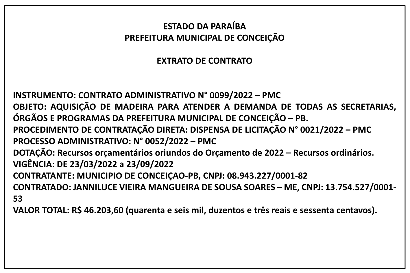 PREFEITURA MUNICIPAL DE CONCEIÇÃO – EXTRATO DE CONTRATO