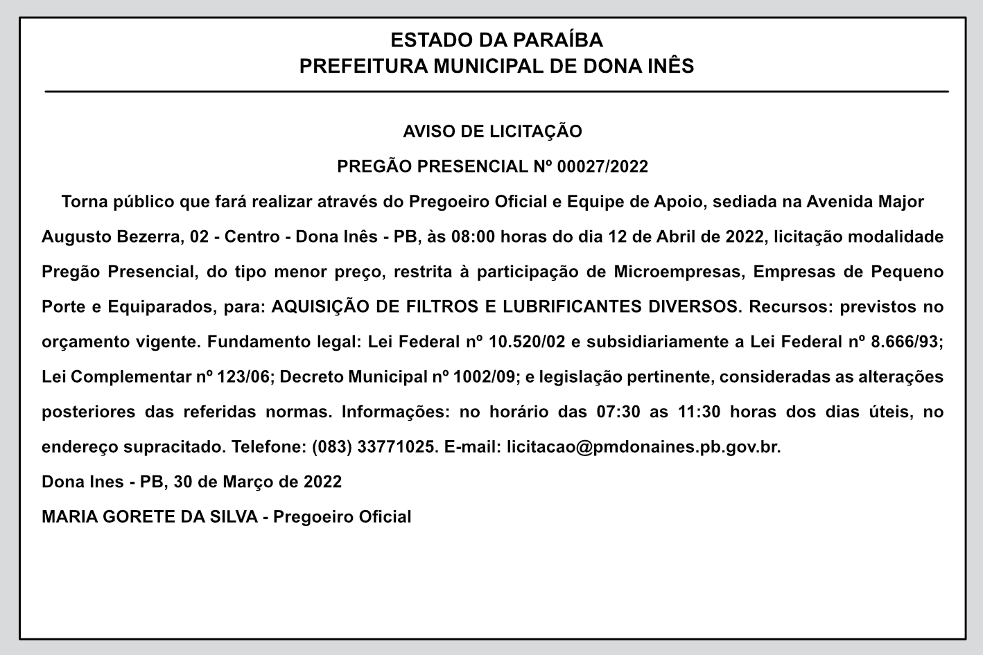 PREFEITURA MUNICIPAL DE DONA INÊS  – AVISO DE LICITAÇÃO – PREGÃO PRESENCIAL Nº 00027/2022