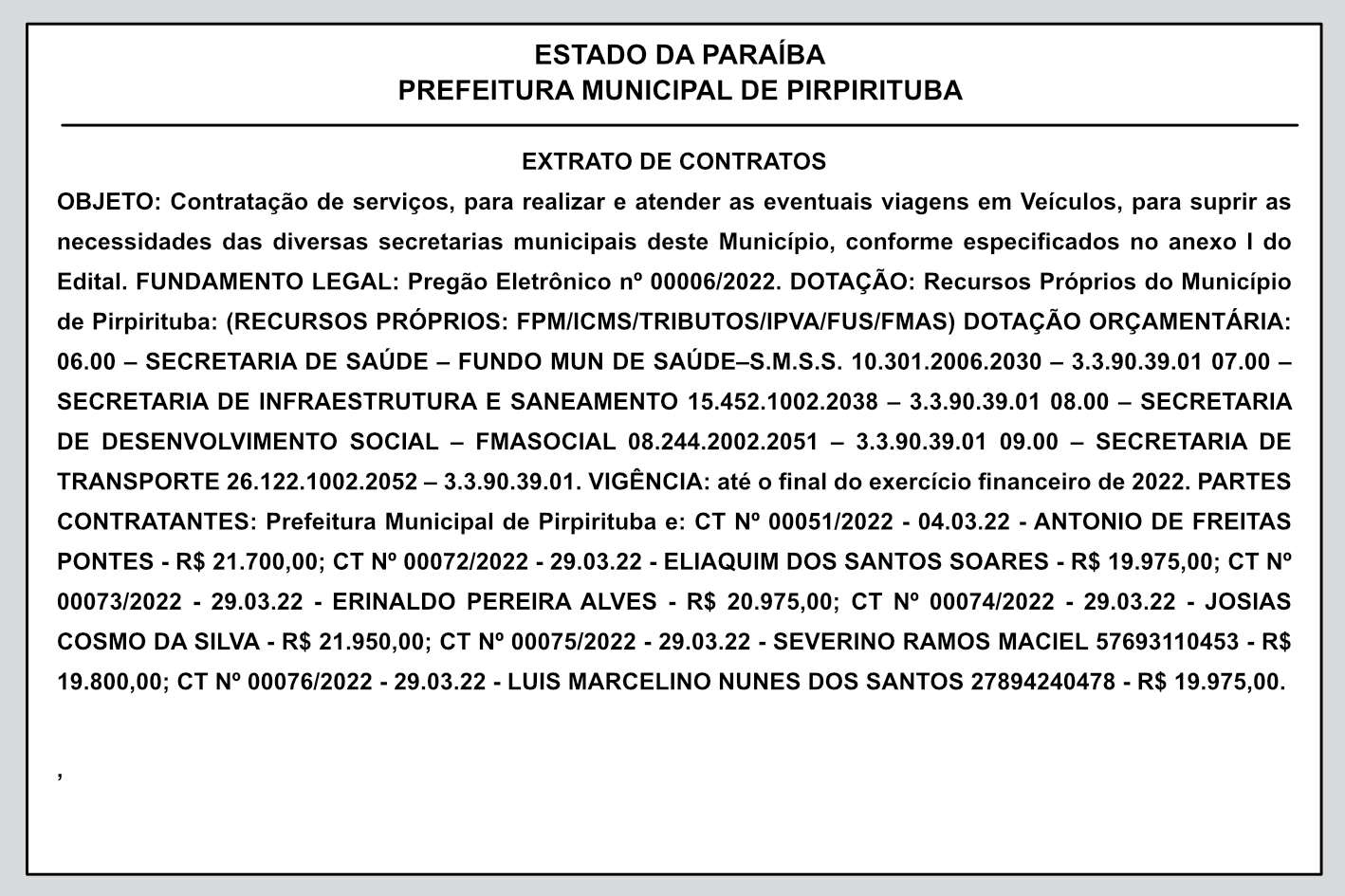 PREFEITURA MUNICIPAL DE PIRPIRITUBA – EXTRATO DE CONTRATOS