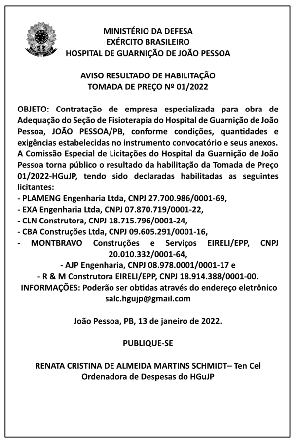 HOSPITAL DE GUARNIÇÃO DE JOÃO PESSOA – AVISO RESULTADO DE HABILITAÇÃO – TOMADA DE PREÇO Nº 01/2022