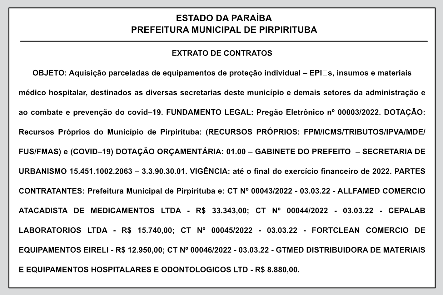 PREFEITURA MUNICIPAL DE PIRPIRITUBA – EXTRATO DE CONTRATOS