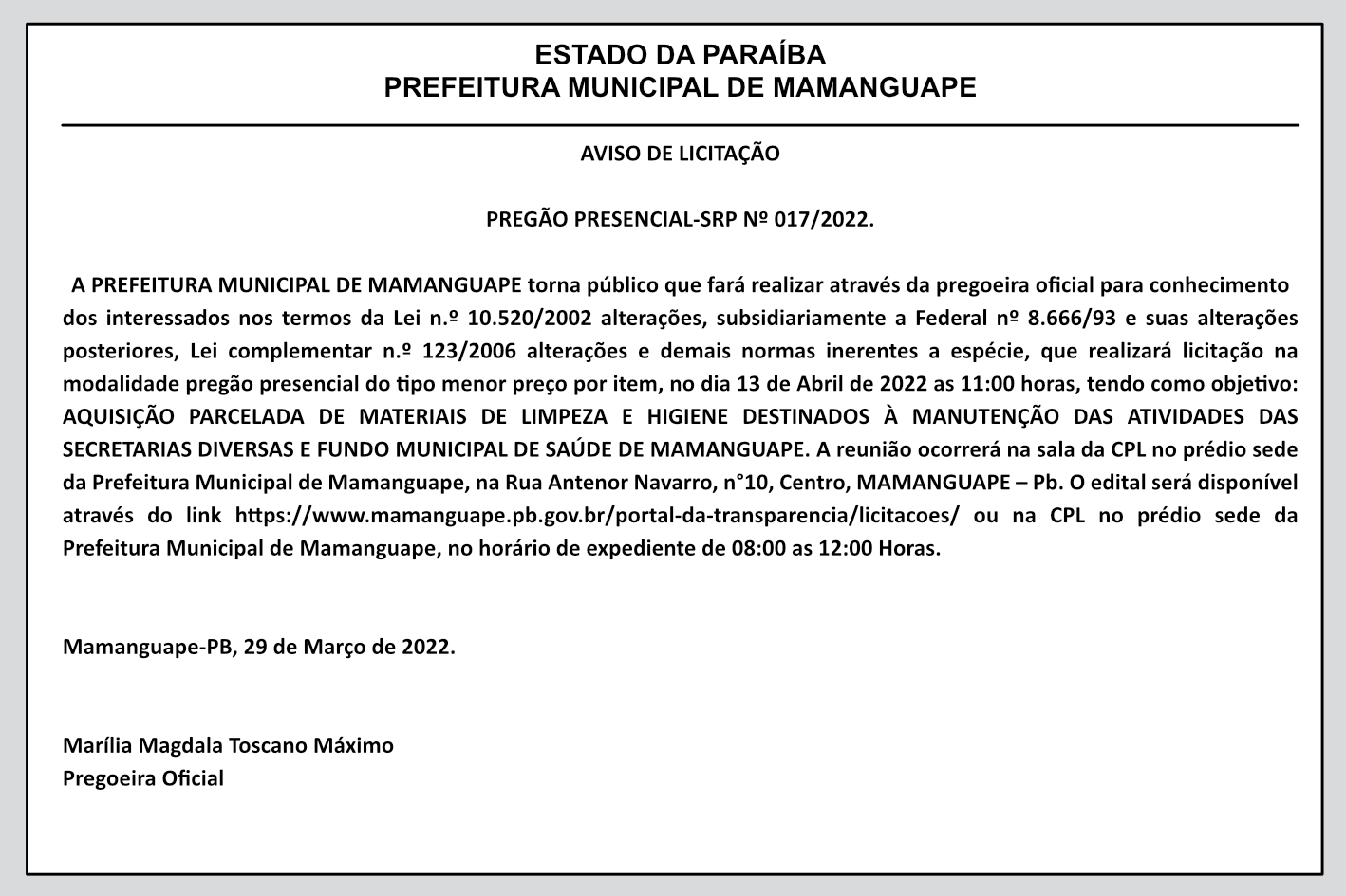 PREFEITURA MUNICIPAL DE MAMANGUAPE – AVISO DE LICITAÇÃO – PREGÃO PRESENCIAL-SRP Nº 017/2022.