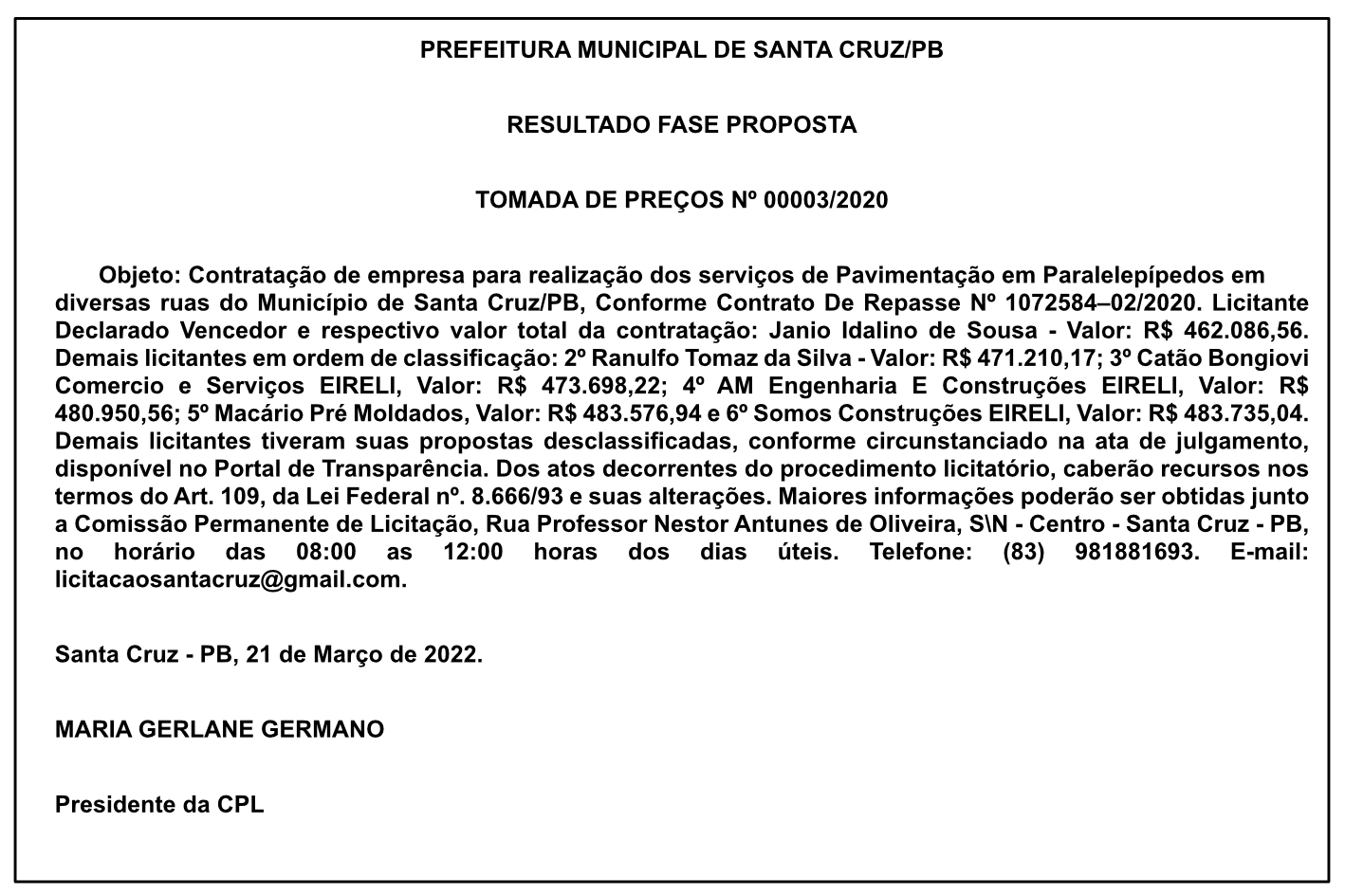 PREFEITURA MUNICIPAL DE SANTA CRUZ – RESULTADO FASE PROPOSTA – TOMADA DE PREÇOS Nº 00003/2020
