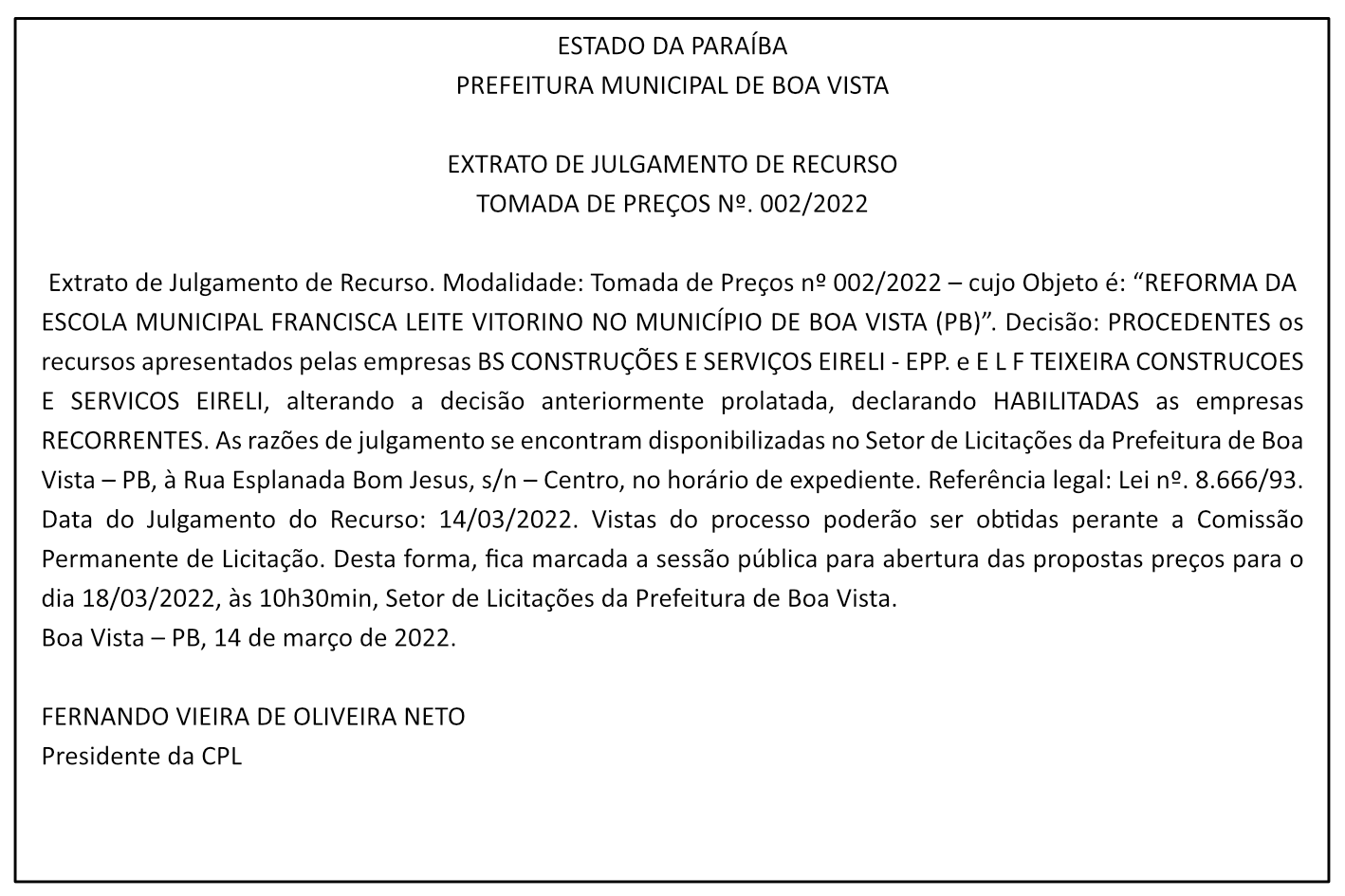 PREFEITURA MUNICIPAL DE BOA VISTA – EXTRATO DE JULGAMENTO DE RECURSO – TOMADA DE PREÇOS Nº 002/2022