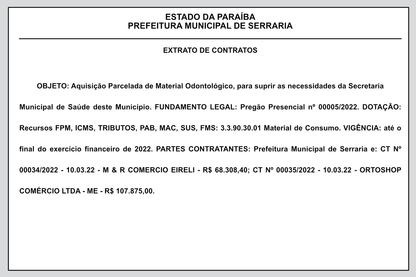 PREFEITURA MUNICIPAL DE SERRARIA – EXTRATO DE CONTRATOS
