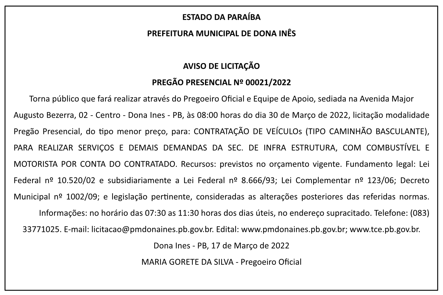 PREFEITURA MUNICIPAL DE DONA INÊS – AVISO DE LICITAÇÃO PREGÃO PRESENCIAL Nº 00021/2022