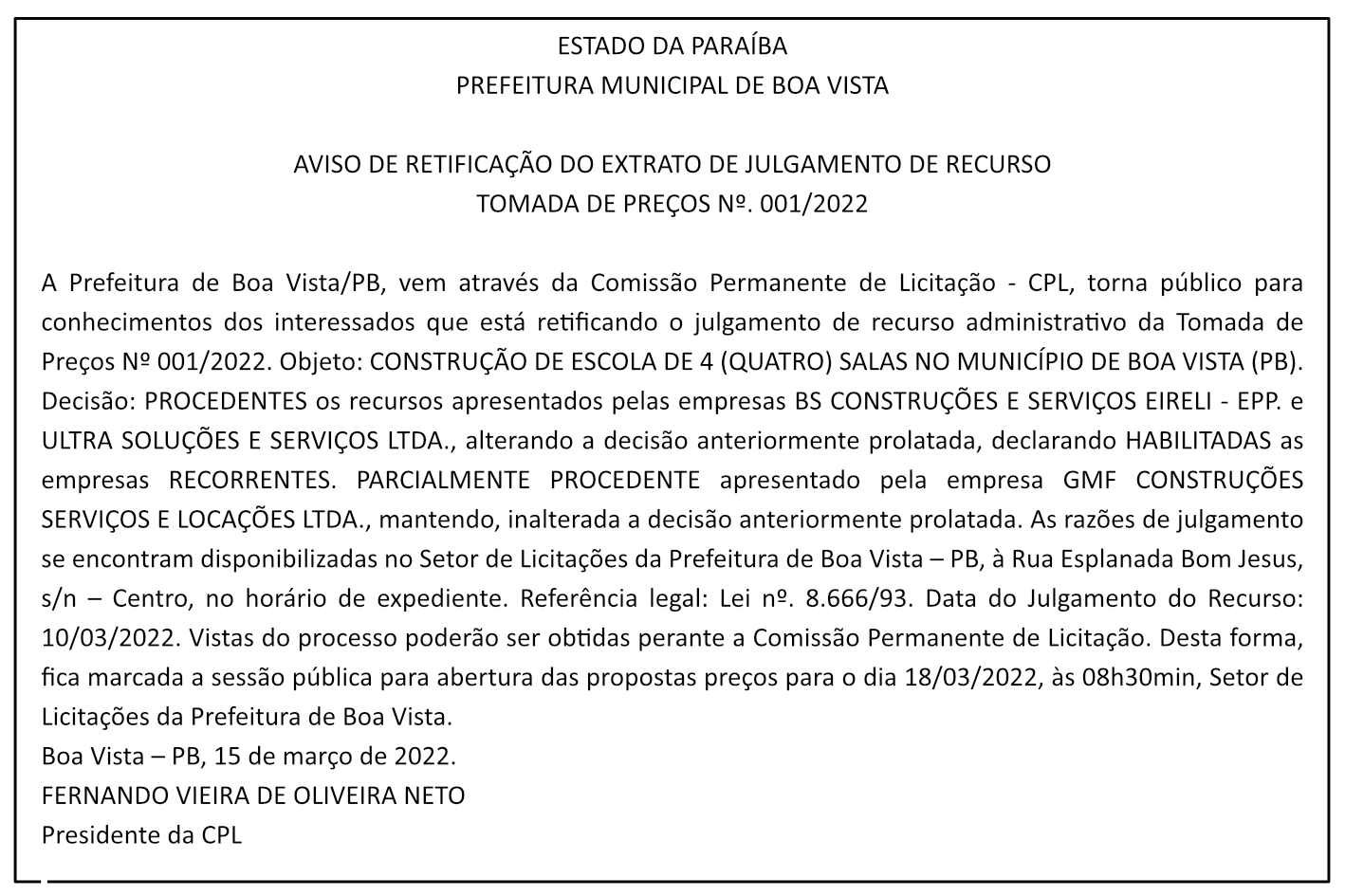 PREFEITURA MUNICIPAL DE BOA VISTA – AVISO DE RETIFICAÇÃO DO EXTRATO DE JULGAMENTO  DE RECURSO – TOMADA DE PREÇOS Nº 001/2022