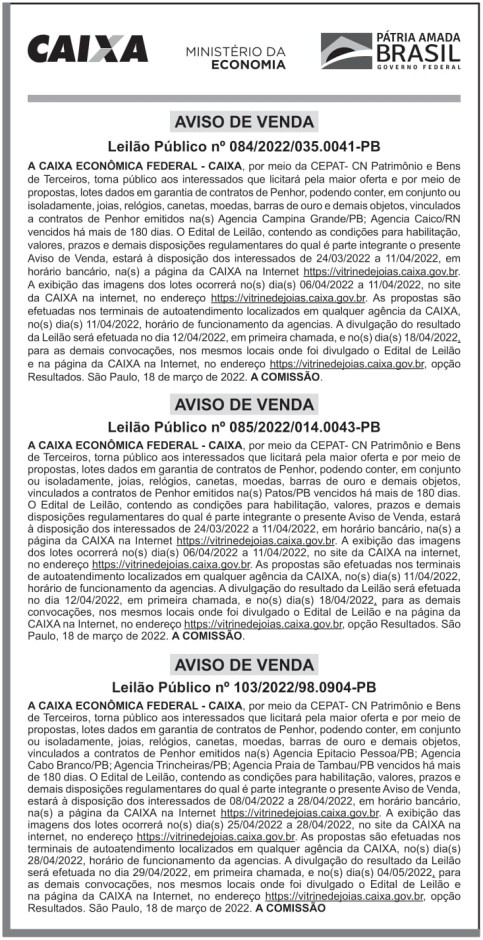 CAIXA ECONÔMICA FEDERAL – DF – BRASILIA -AVISO DE VENDA – LEILÕES PÚBLICOS 084, 085 e 103/2022-PB
