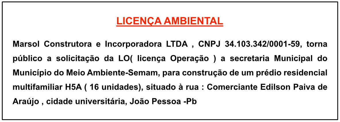 Marsol Construtora e Incorporadora LTDA – Licença Ambiental
