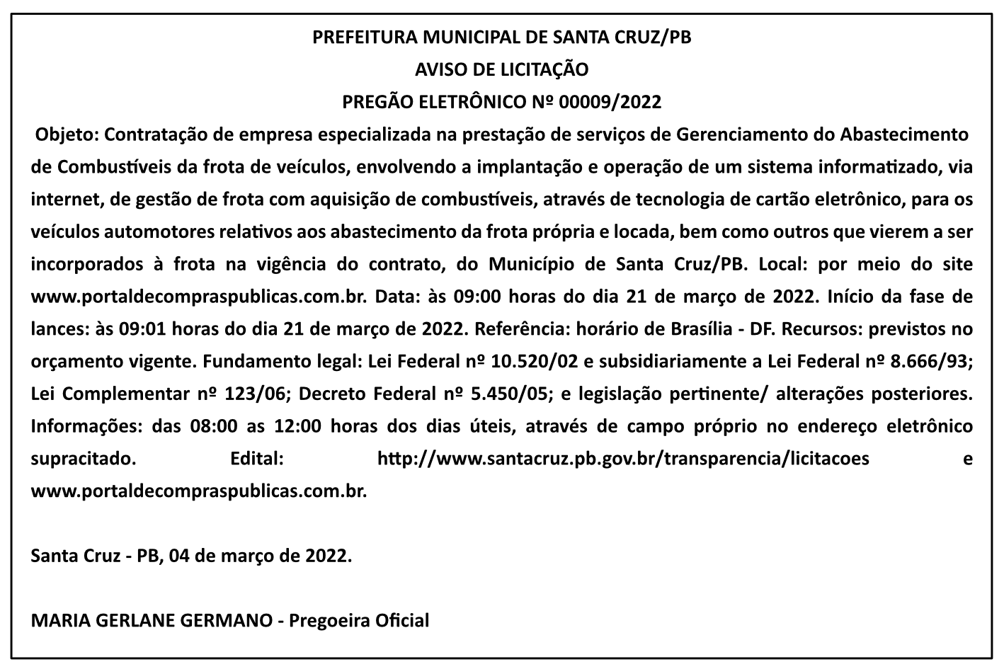 PREFEITURA MUNICIPAL DE SANTA CRUZ/PB – AVISO DE LICITAÇÃO – PREGÃO ELETRÔNICO Nº 00009/2022