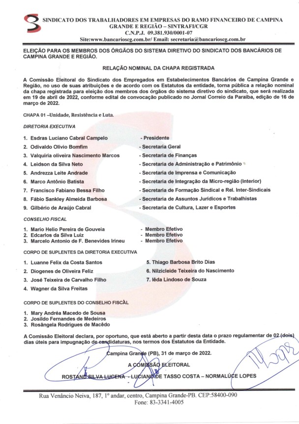 SINTRAFI/CGR – RELAÇÃO PARA MEMBROS DOS ÓRGÃOS DO SISTEMA DIRETIVO DO SINTRAFI/CGR
