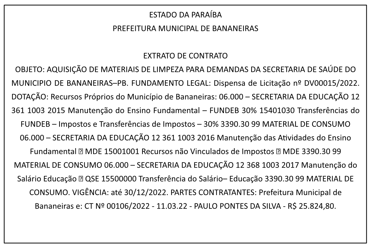 PREFEITURA MUNICIPAL DE BANANEIRAS – EXTRATO DE CONTRATO