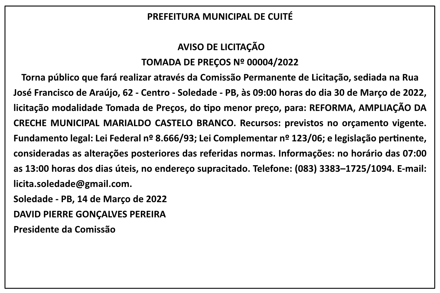 PREFEITURA DE SOLEDADE – AVISO DE LICITAÇÃO – TOMADA DE PREÇOS Nº 00004/2022